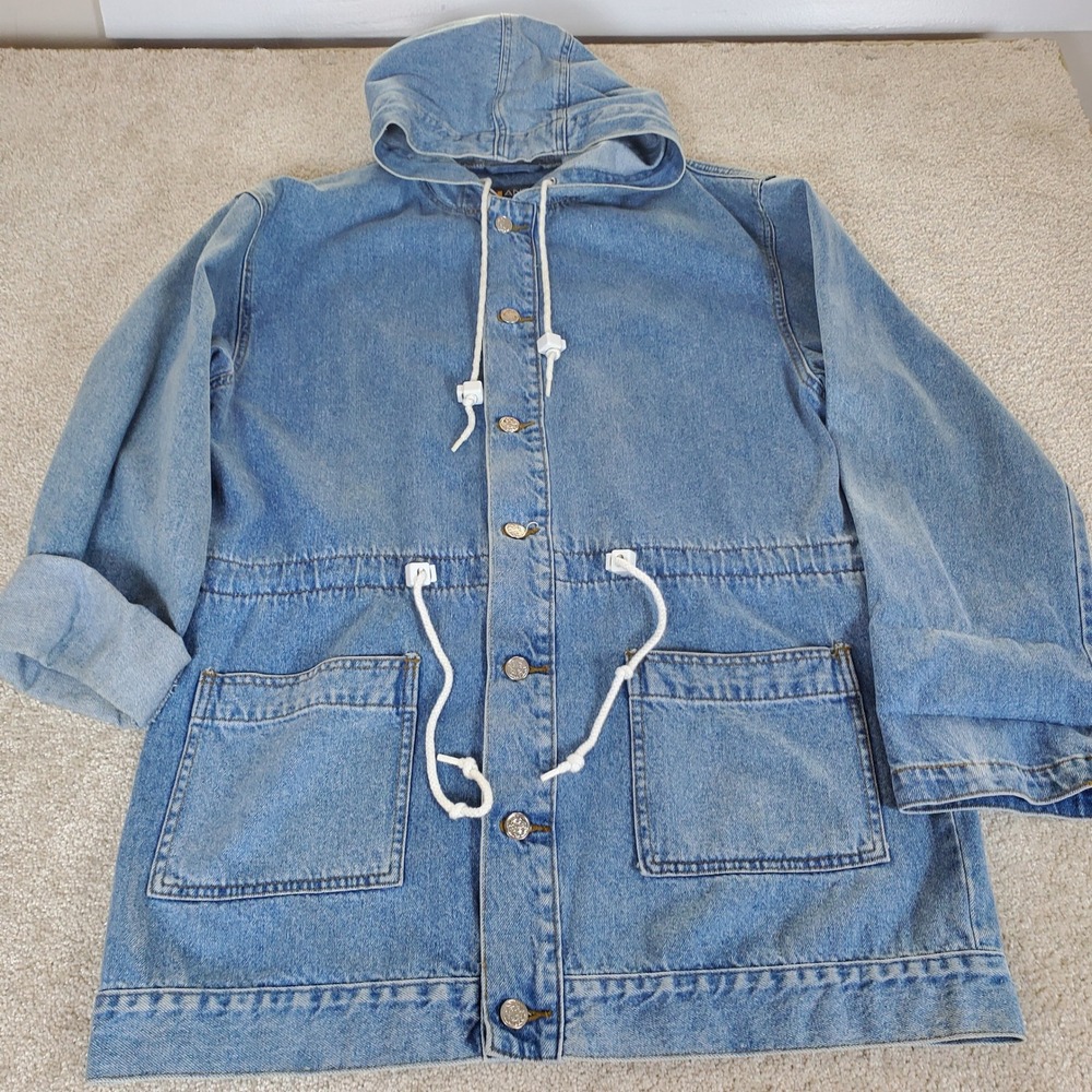 Andy Johns Denim Jacket Women's Medium Blue Hooded Drawstring Utility Coat
